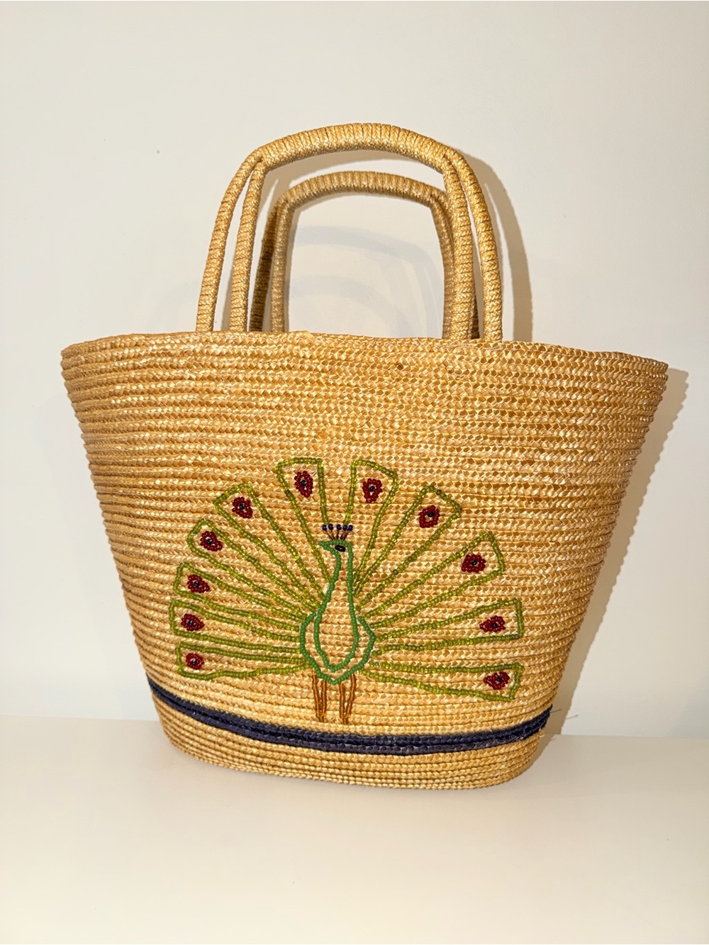 Beautiful Peacock Beaded Embroidered Straw Large Tote Bag - Natural